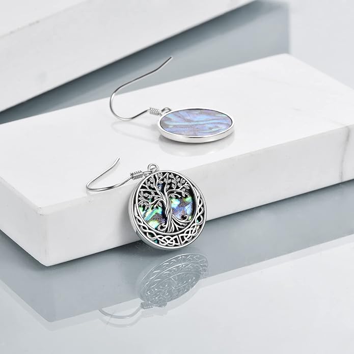 Tree of Life Earrings Sterling Silver Celtic Tree of Life Abalone Shell Dangle Drop Earrings for Women Jewelry