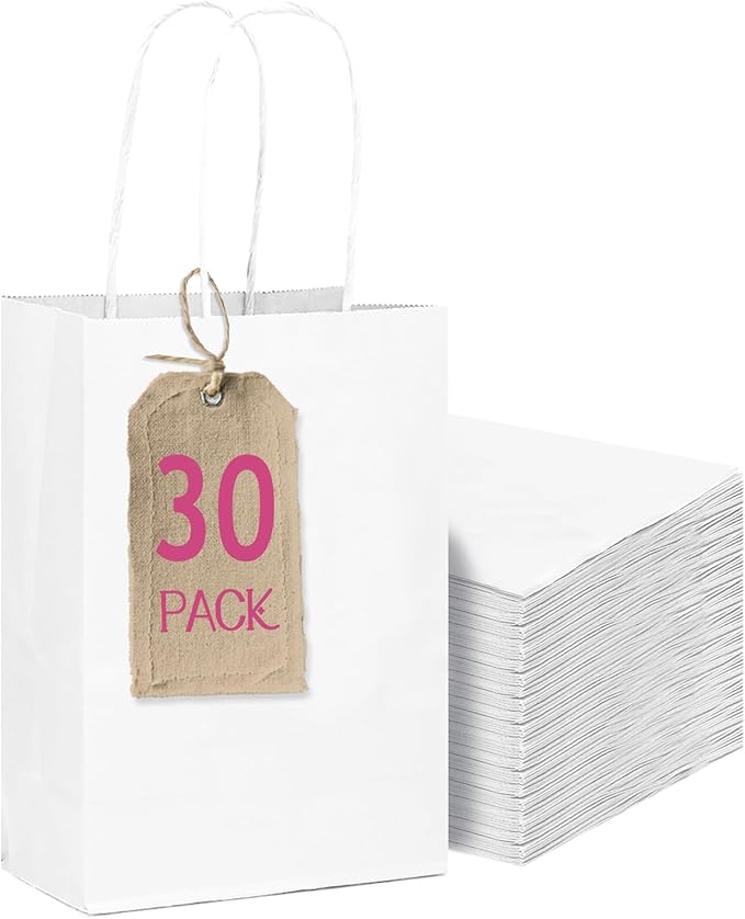 qiqee 30-Packs White Gift Bags with Handles Bulk 4.5"x2.5"x6" Mini Size Party Paper Bags