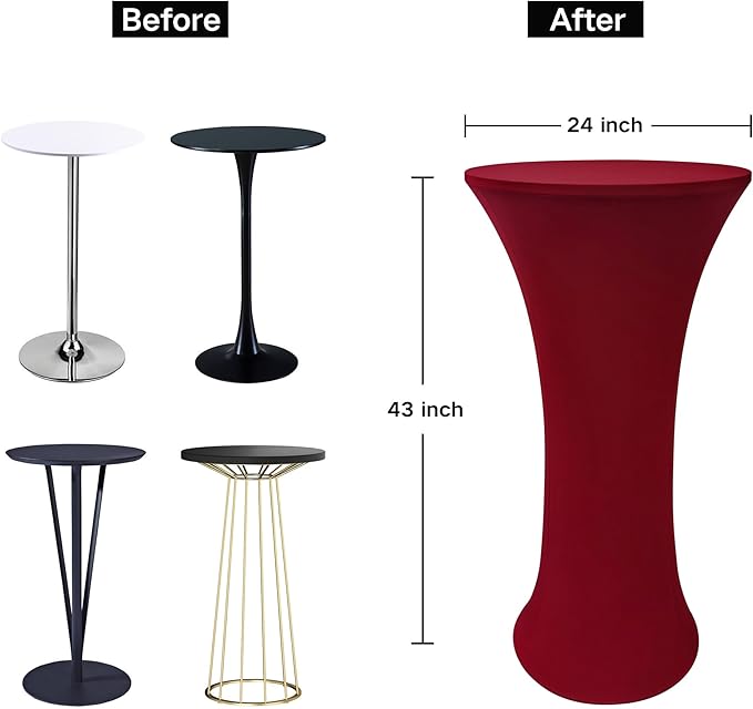 2PCS 24x43 Inch Round Fitted Cocktail Table Cover Burgundy Spandex Cocktail Table Cloth Highboy Fitted Tablecloth High Top Table Cloths for Party Pub Banquet Bistro