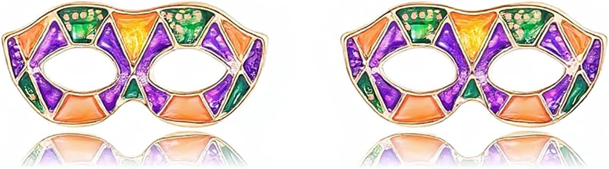MardiGras Stud Earrings for Women Glitter Delicate Compact Flower Mask Hat Lips Stud Earring Charm Green Purple Gold Carnival Earring Cute MardiGras Jewelry Accessories for Women