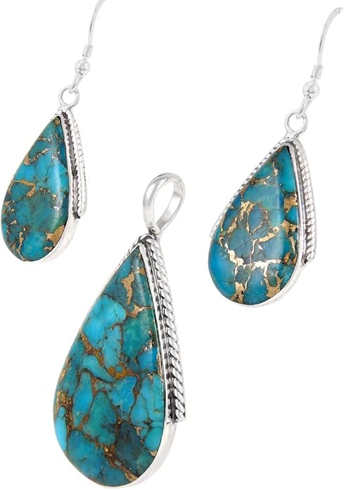 Turquoise Network Genuine Gemstones Necklace Earrings Pendant Set in 925 Sterling Silver (24" Length)