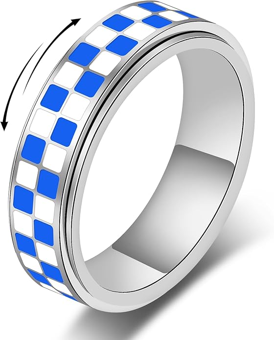 Checkered Fidget Ring For Women - Blue Chessboard Design Band Rings Anxiety & Stress Relief Stacking Spinner Rings, Stainless Steel Spinning Ring Anti-Anxiety Jewelry Gift for Adults