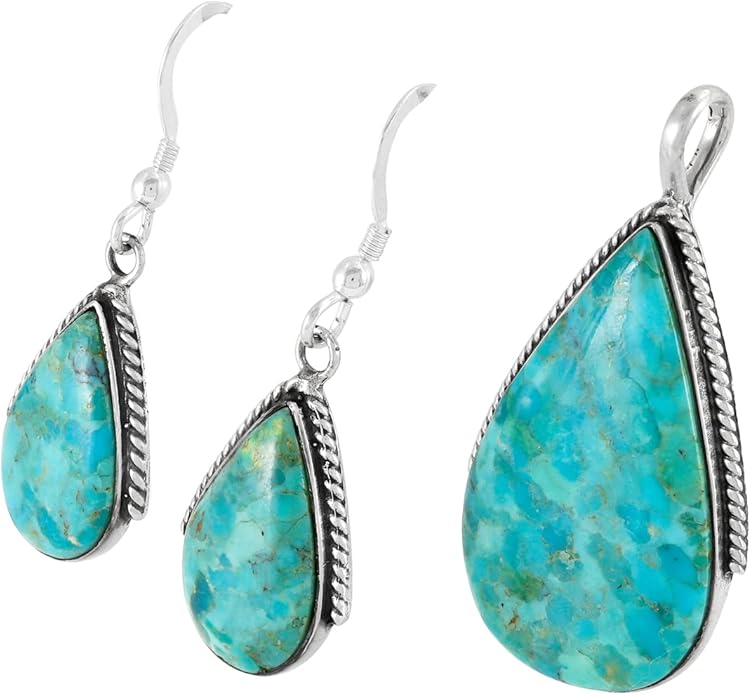 Turquoise Network Genuine Gemstones Necklace Earrings Pendant Set in 925 Sterling Silver (24" Length)