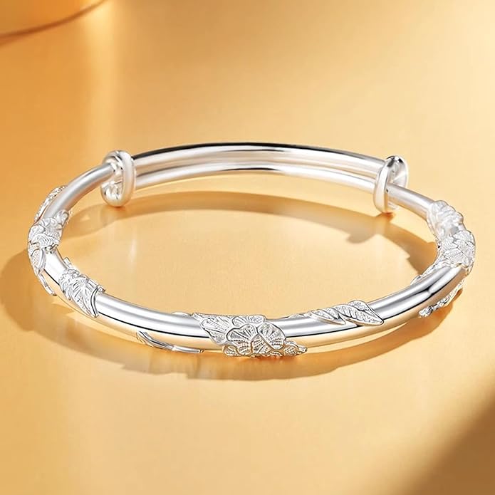 Solid 925 Sterling Silver Bracelets for Women Simple Adjustable Bangle Bracelet
