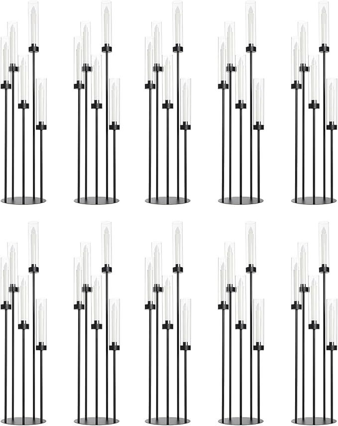 39.8''Matte Black Candle Holder with Acrylic Shades Tall 5 Arm Candelabra Black Table Centerpiece 10PCS for Wedding Living Dining Room Fireplace Decoration Fit 0.98''LED Taper Candle