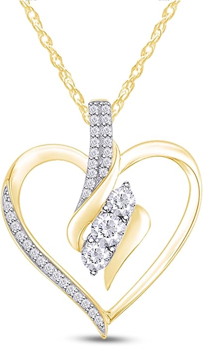3 Stone Heart Pendant Necklace for Women in 14K Gold Over 925 Sterling Silver, Natural Diamond, Moissanite or Lab-Grown Diamond (0.25 Ct), Dainty Jewelry Gift with 18" Chain for Her Valentine’s Day