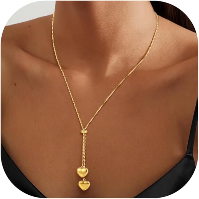 Fullpop Dainty Gold Necklaces for Women, 18k Gold Layered Lariat Necklace for Women Long Gold Choker Necklaces for Women Statement Diamond Heart Pendant Necklace Body Chain Jewelry for Women