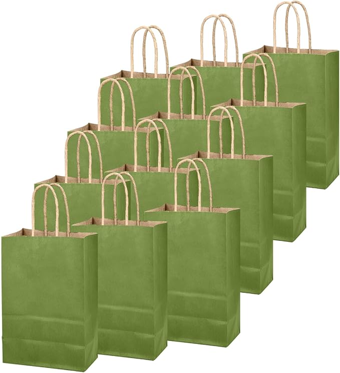 qiqee Light Olive Green Gift Bag with Handles Bulk 24Pcs Paper Bags -10.6"x8.3"x4.3"Party Favor Bags - Solid Color