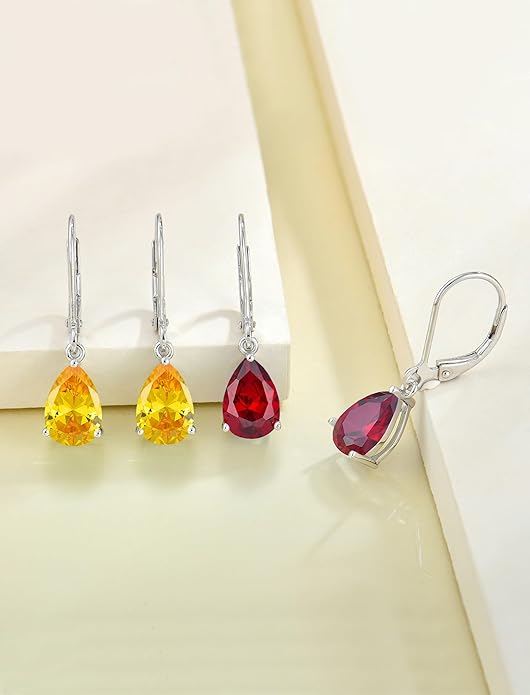 YL 925 Sterling Silver Teardrop Dangle Drop Earrings for Women 7x10 MM Solitaire Birthstone Leverback Jewelry