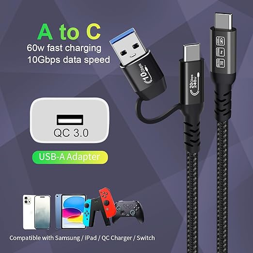 CABLEDECONN USB2.0 A to USB C 3.2 Type C 20Gbps Male to Male Detachable 0.5m 1.6ft Cable Data Extension 10Gbps 240W Fast Charge 8K Ultra HD Video Data Connection Power Line