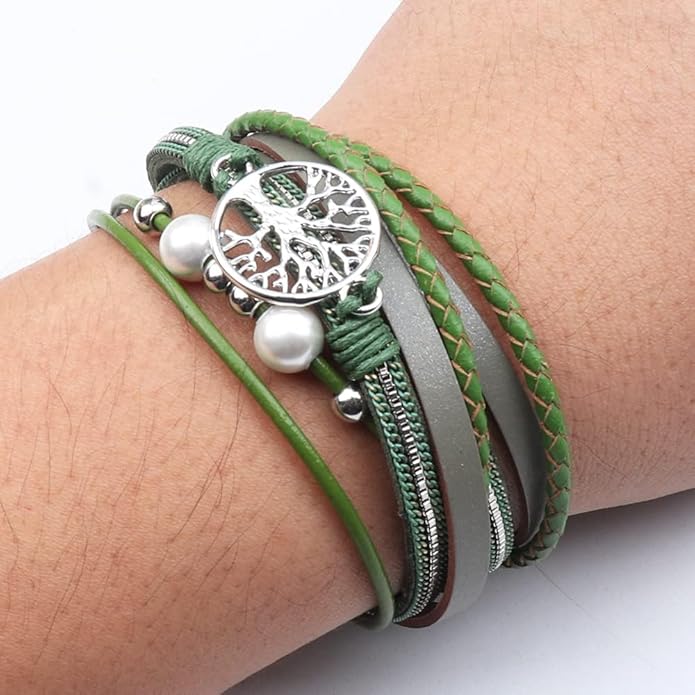 KSQS Tree of Life Leather Multi-Layer Wraps Bracelet,Boho Wide Buckle Wristband Bangle,Braided Cuff Bracelets for Women