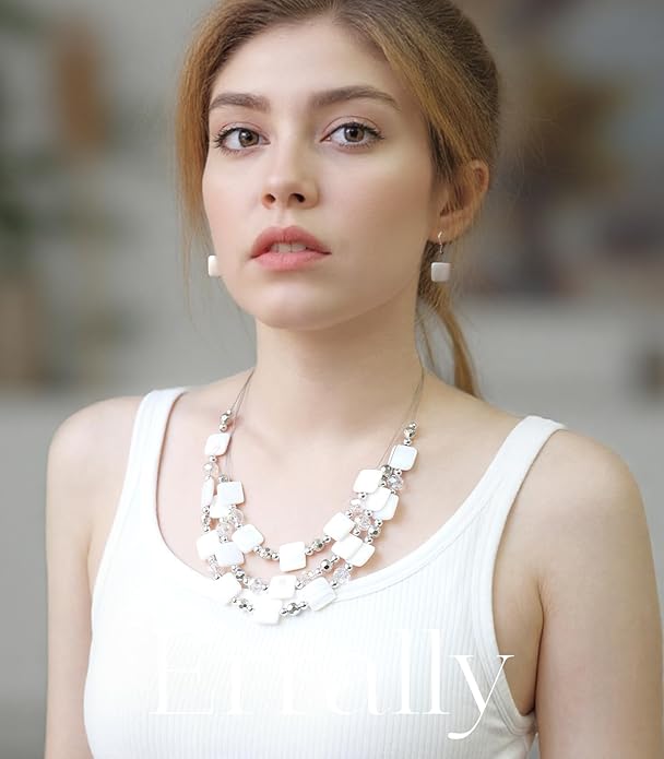 Layered Beaded Statement Necklaces for Women Square Shell Bead Collar Necklace and Earring Set Birthday Gifts Boho Jewelry Sets for Women