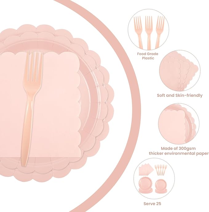 96PCS Pink Paper Plates and Napkins, 24 Guest Light Pink Disposable Tableware Set Include Scalloped Paper Plates Napkins and Forks Decoration Party Supplies for Birthday Wedding Baby Shower