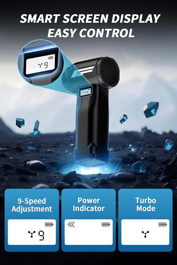Instant Dust Removal — Compressed Air Duster 90,000 RPM with 40mm Nozzle, LED Light, TFT Display, 9-Speed Adjustable Rechargeable Air Duster, 10,000mAh Battery, 5 Nozzles for Computer,blowers