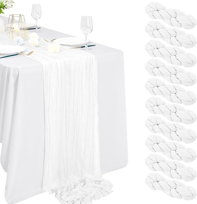 10 Packs White Cheesecloth Table Runner, 10Ft x 35" White Rustic Gauze Boho Wedding Table Runner Decoration, Wedding Table Decor Table Cloth for Wedding Party Bridal Shower Table