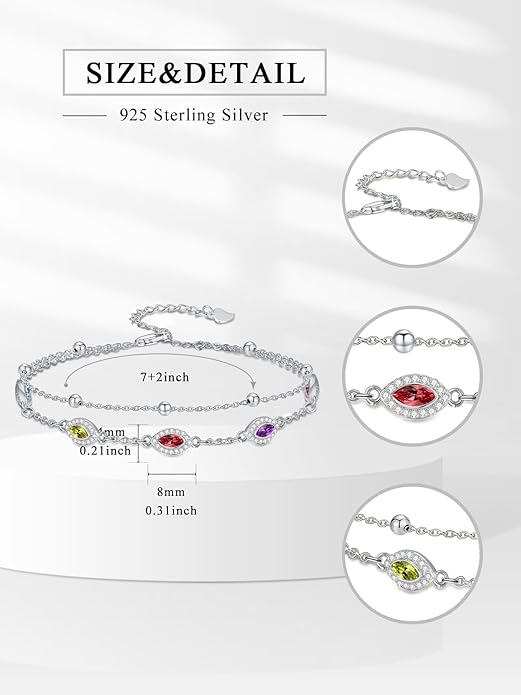 Evil Eye Birthstone Charm Link Bracelet 925 Sterling Silver Evil Eye Bracelet with 12 Months Birthstone Birthday Jewelry Gifts for Women Mom Her,Chain Length 7"+2" Extend