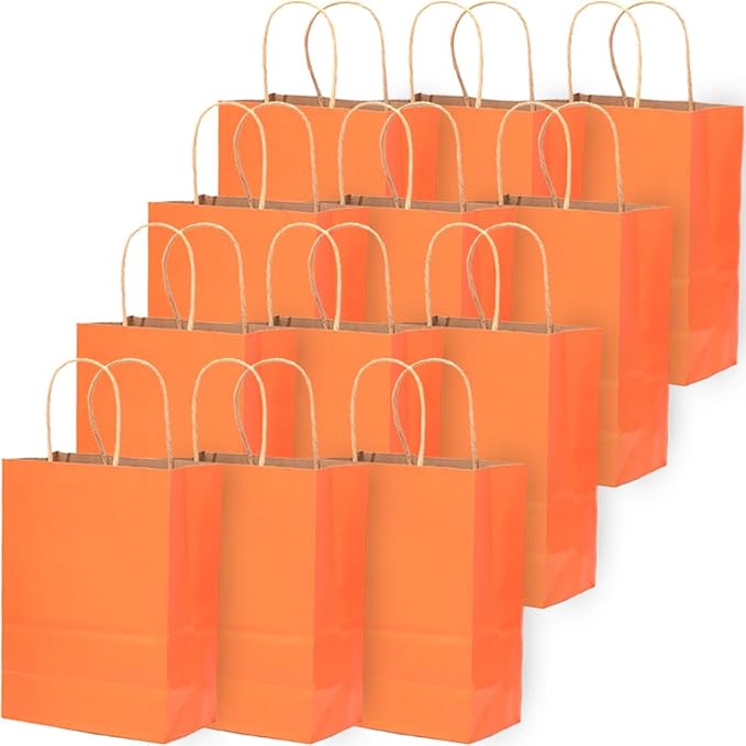 qiqee Large Kraft Paper Bags with Handles 13"x10"x5" 32pcs Gift Paper Bag Orange Solid Color Bags（Large Size）