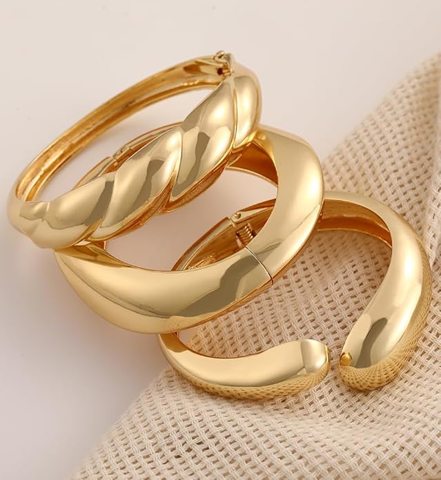 Chunky Gold Bangle Bracelets for Women, Dainty 14k Gold Plated Big Stackable Bangles Set, Trendy Statement Cuff Bracelet Stack Fashion Jewelry Christmas Gifts