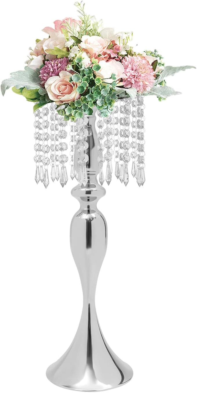 Wedding Centerpieces Gold Vases,10PCS Metal Flower Candle Holder with Sparkling Crystal Beads,Crystal Flower Vase Metal Flowers Stand for Party Tables Decorations (10PCS-Sliver-17cm)