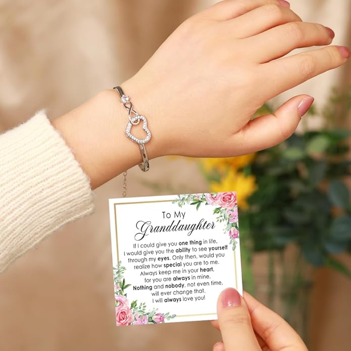 To My Granddaughter - Infinity Heart Bracelet Gift with Meaningful Card, Granddaughter Gifts from Grandma & Grandpa, Elegant Silver Jewelry for Birthday, Graduation, Christmas.