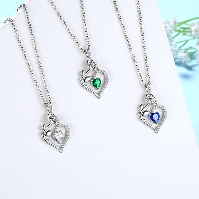 Jewmon Valentine Day Gifts for Her Rose Heart Birthstone Necklace for Women 925 Sterling Silver Birth Stone Flower Rose Necklace Anniversary Love GIfts for Girlfriend Wife Mom Birthday Gifts for Her