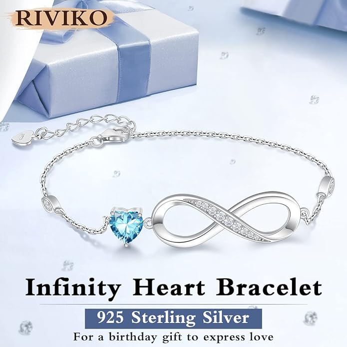 RIVIKO Infinity Love Heart Symbol Charm Bracelet for Women 925 Sterling Silver Adjustable Birthday Valentine’s Day Christmas Mothers Day Jewelry Gift for Mom Women Wife Her Friends