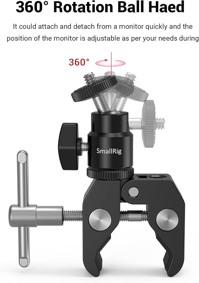 SmallRig Super Clamp Mount with Mini Ball Head Mount, Hot Shoe Adapter with 1/4 Screw for LCD Field Monitor, LED Lights, Flash, Microphone, for Gopro, for DJI Action 2, for Insta360