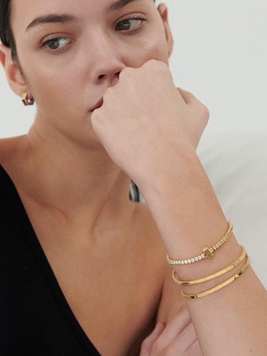 PERNNLA PEARL Dainty Gold Bar Bracelet for Women Simple Delicate Thin Cuff Bangle Hook Bracelet 18K Gold Plated Handmade Minimalist Jewelry