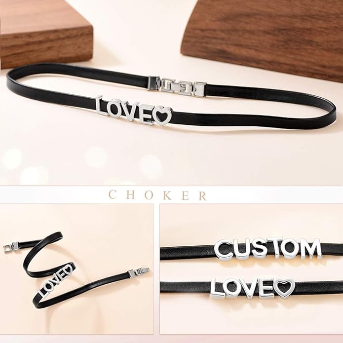 Custom4U Personalized Black Leather Choker Necklace with Picture/Name/Initials/Letters Charm,Custom Made Adjustable Choker Collar Gothic Punk Necklaces Jewelry Gifts for Women