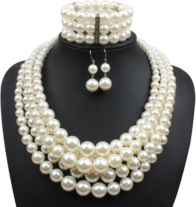 Exaggerated Imitation pearl multi-layer Necklace+bracelet+earring Large pearl necklace Wedding jewelry set for Women's and girls gifts（Multicolor optional）