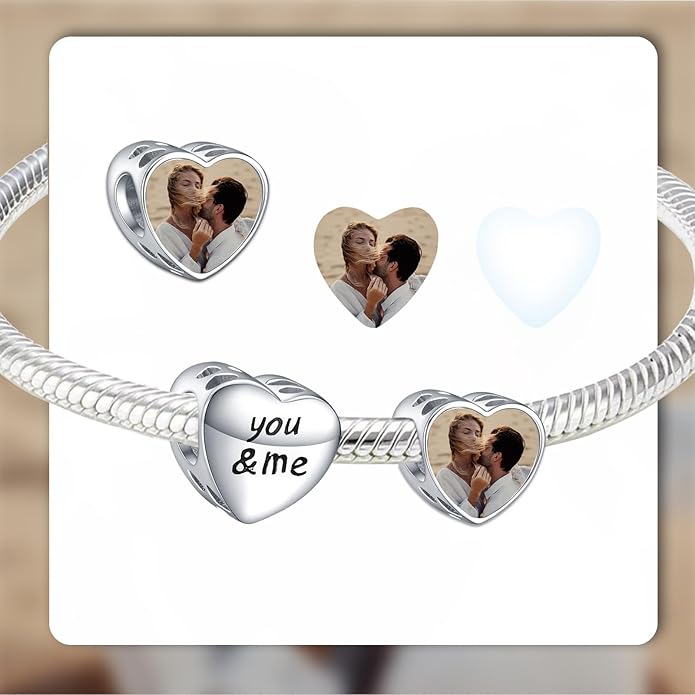 Annmors Personalized Photo Charm for Bracelet Necklaces,925 Sterling Silver Charm Love Heart Shaped Engraved Customize Picture Gift for Birthday Mother's Day Christmas,Bead Charms Jewelry for Women