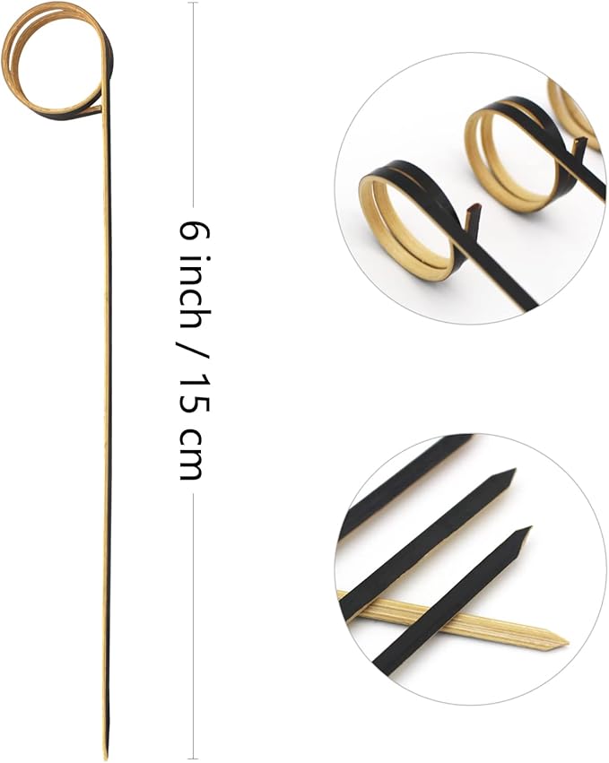 BLUE TOP Bamboo Cocktail Picks 100 PCS Black Bamboo Skewers 6 Inch with Looped Ring,Food Picks,Party Toothpicks for Appetizers,Cocktail Drinks,Barbecue Snacks,Club Sandwiches.