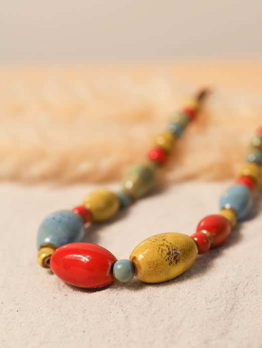 MINACHI Boho Hippie Round Ceramic Beads Strand Necklace, Vintage Bohemian Summer Beach Jewelry Gift for Women