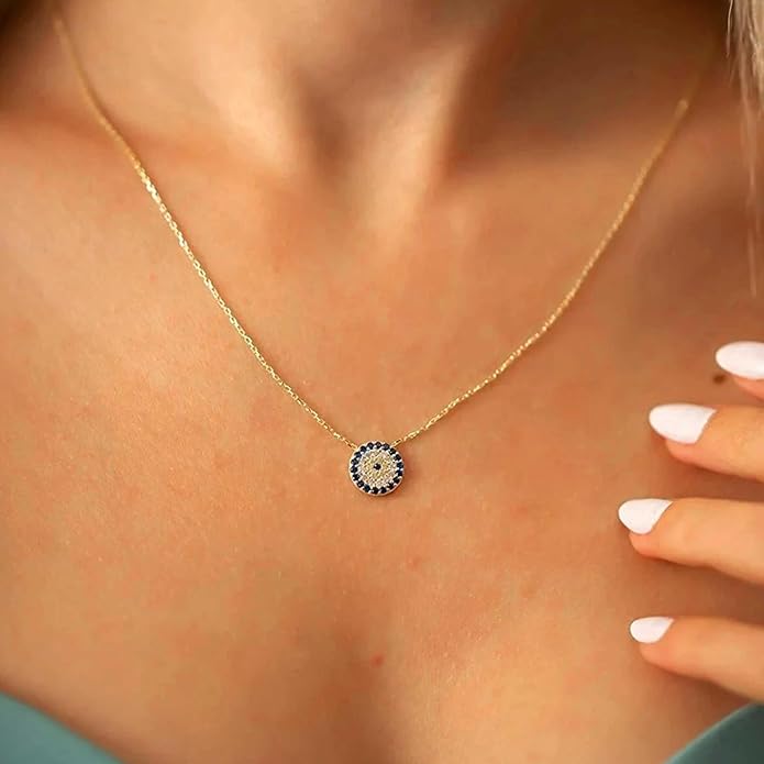 Evil Eye Necklace for Women 14K Gold Plated Delicate Necklaces Blue White CZ Diamond Pendant Necklace Cute Boho Tiny Evil Eye Lucky Protection Jewelry Gift for Women