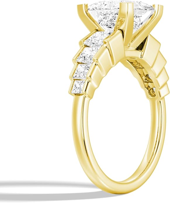 MSBLUE Moissanite Engagement Ring, Staircase Princess Cut, 14K Gold Vermeil, Wedding Promise Ring, Valentines Day Gifts for Her