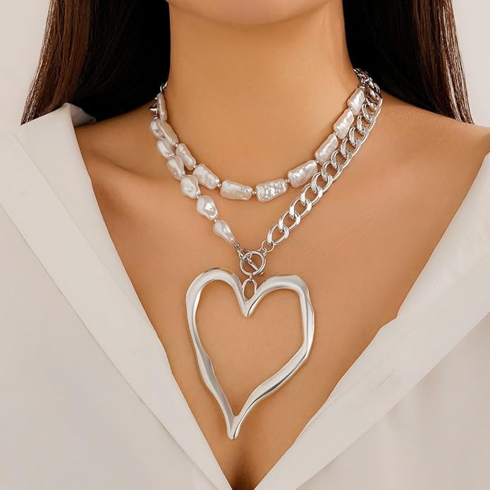Chunky Gold Necklace Big Heart Necklace for Women Silver Large Statement Necklaces Thick Bold Chain Puffy Love Heart Charm Necklaces for Women with OT Toggle Silver Chunky Gold Jewelry Trendy Valentine's Day Gift