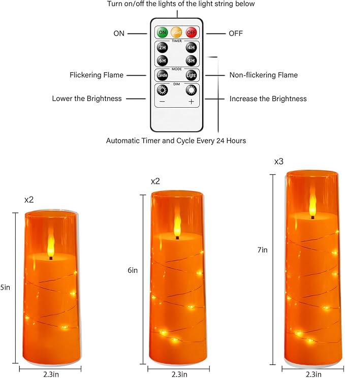 Flameless Candles with Embedded Star String, Battery Operated LED Pillar Candles with Timer and Remote Control,Home Decorating for Ambiance, Set of 7 (Orange)