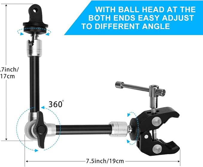 11" Adjustable Magic Arm DSLR Mirrorless Action Camera Camcorder Smartphone LCD Monitor Video Vlog Rig w/Clamp Holder Mounts fit for GoPro iPhone