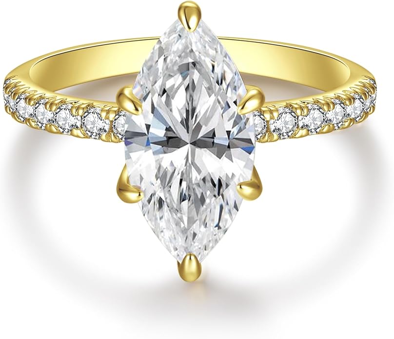 3.5CT Marquise Cut Engagement Ring for Women, Wedding Promise Cubic Zirconia Band, 14K Gold Plated Bridal Half Eternity Simulated Diamond Rings for Anniversary, Size 5-9