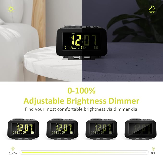 uscce Alarm Clock Radio for Bedroom - 0-100% Dimmer, 2 USB Chargers, Dual Alarm with Weekday/Weekend Mode, FM Radio w/Auto-Off Timer, Battery Backup, Loud Alarm Clock for Heavy Sleeper(Wood Grain)