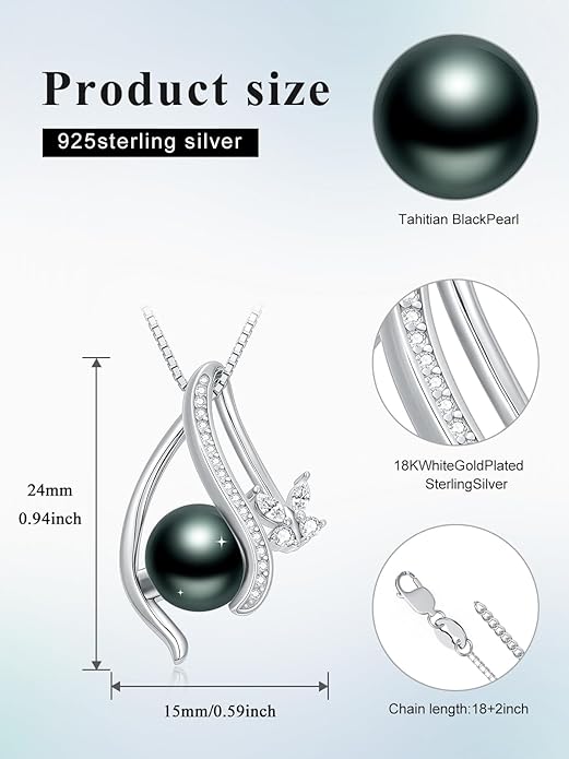 Tahitian Black Pearl 18K White Gold Plated Sterling Silver Heart/Infinity/Four Leaf Clover Pendant Necklace Jewelry Gifts for Women Wife Mom Girlfriend Wedding Birthday Anniversary Christmas