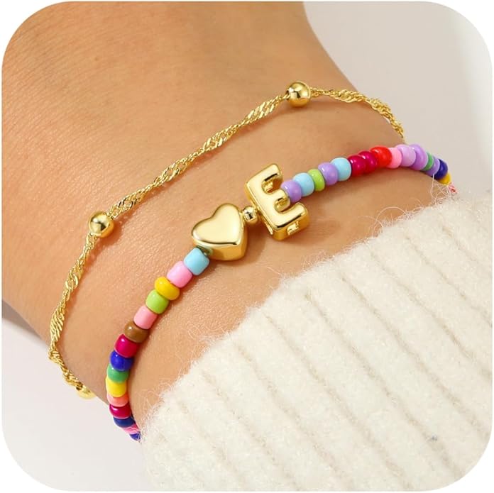Ursteel Valentines Day Gifts for Kids Teen Girls - 14K Gold Plated Beaded Letter A-Z Bracelet, Layered Stretch Initial Bracelets, Women Trendy Bohemian Jewelry Birthday Gifts