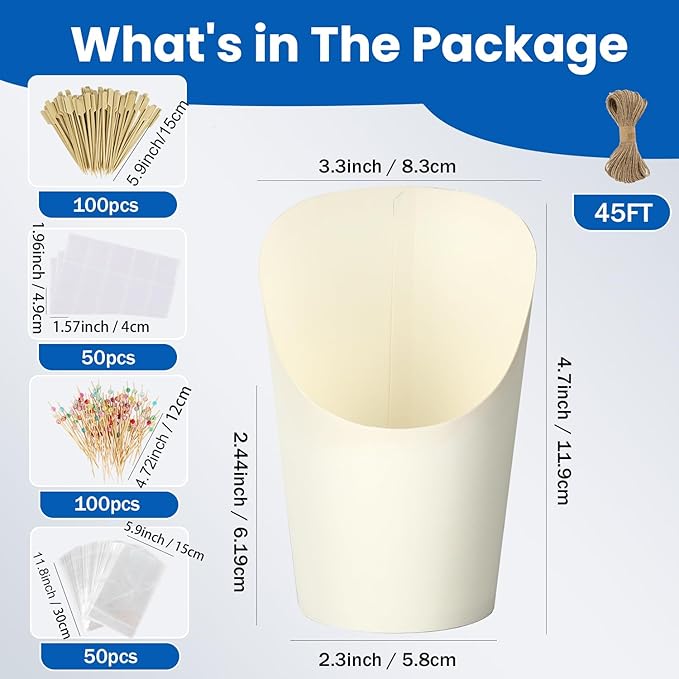50 Pcs 14oz Paper White Charcuterie Cups with 200 Bamboo Sticks & 50 Clear Bags, Elegant Disposable Snack Cups for Weddings, Baby Showers, Picnics & Holiday Parties
