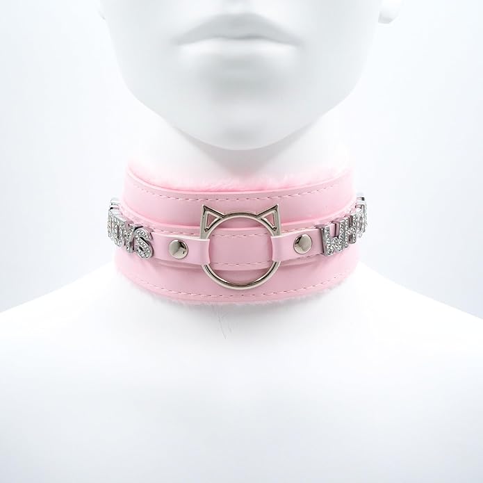 Handmade Collar Choker Necklace for Women – Cat Ear O-Ring Punk Goth Letter Choker,Black/Pink Furry Alt Fashion Jewelry