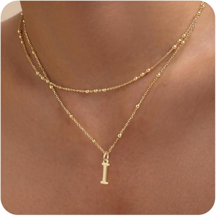Initial Necklaces for Women, Dainty 14K Gold Plated Layered A-Z Letter Pendant Necklace Trendy Cute Choker Name Charm Necklace Stack Personalized Jewelry Gift for Her Birthday Christmas Gift