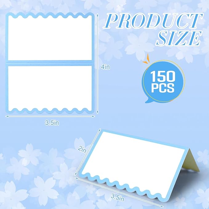 150 PCS Dusty Blue Scalloped Place Cards 2 x 3.5 Inch Blank Tented Place Card Name Cardstock Seat Assignment Label Card Reserved Table Signs Seating Signs for Birthday Wedding Party