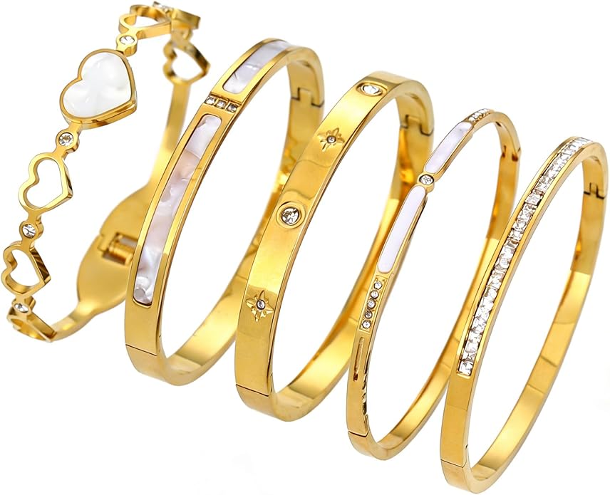 ZhiRui Women's 18K Gold Plated Stackable Bracelet Set - Waterproof Mother of Pearl Heart Cubic Zirconia Jewelry Gifts for Women