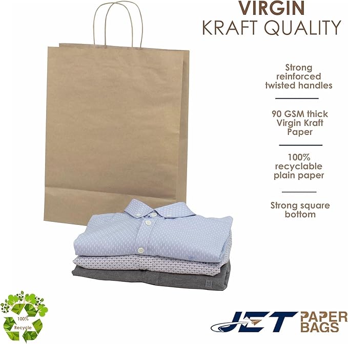 JET PAPER BAGS - Large Brown Paper Bags with Handles 13”x7”x17” Inch [25 Pcs] Prime for Takeout, Grocery, Goody, Retail, Party, Gifts, Weddings