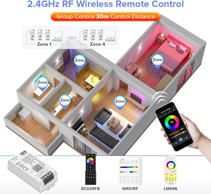 BTF-LIGHTING C03W RGB PWM SMD FCOB (+ R G B) 4PIN LED Strip 2.4GHz Tuya WiFi Group Controller Alexa Google Home Smartphone APP Control Compatible with WR01RF RC03RFB RC04RFB RC05RFB Remote