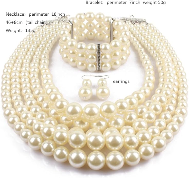 Exaggerated Imitation pearl multi-layer Necklace+bracelet+earring Large pearl necklace Wedding jewelry set for Women's and girls gifts（Multicolor optional）